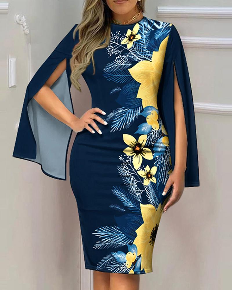 

Tropical Print Split Sleeve Midi Dress, Dark blue