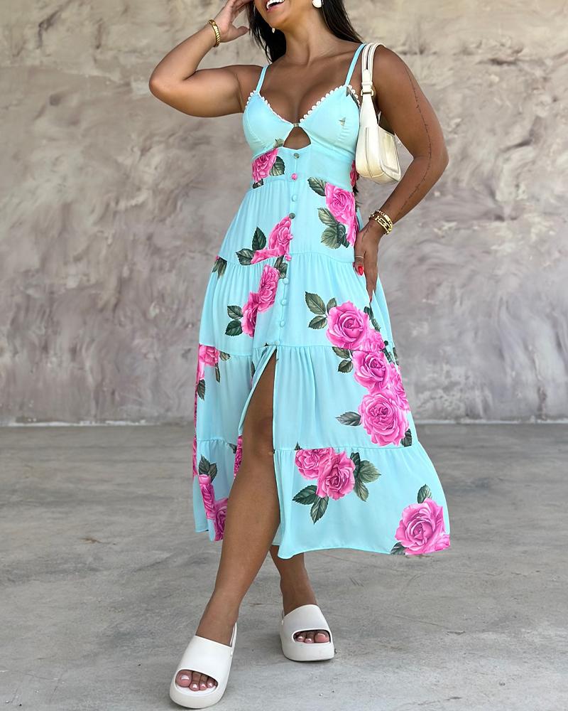 

Floral Print Hollow Out Spaghetti Strap Slit Dress, Blue