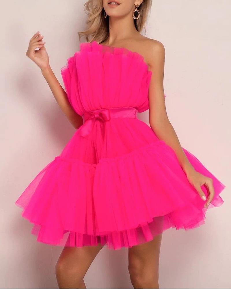 

Bowknot Bandeau Sheer Mesh Party Dress, Hot pink