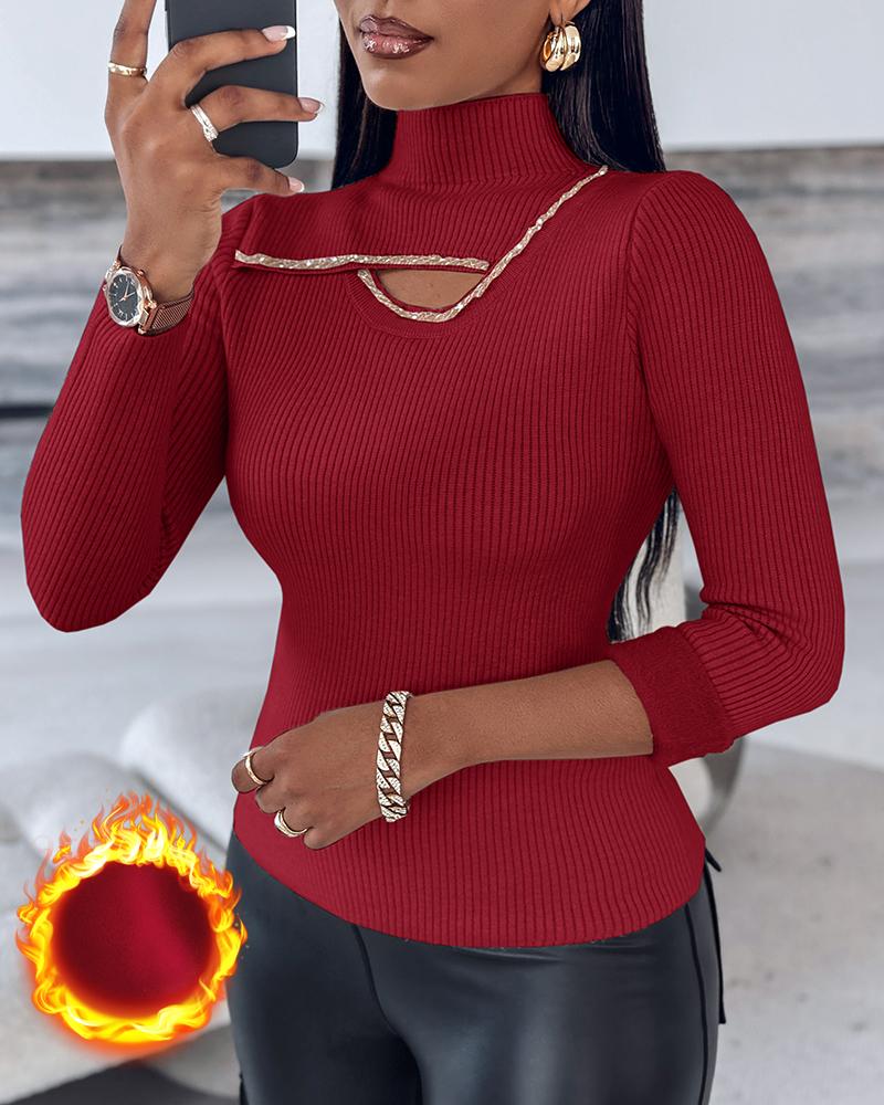 

Rhinestone High Neck Long Sleeve Knit Sweater Fleece Lined Basic Layering Soft Thermal Top, Red