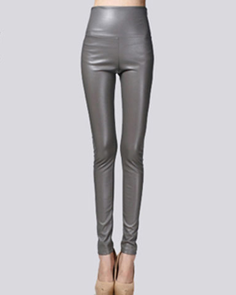 

PU Leather High Waist Thermal Warm Fleece Lined Leggings, Gray