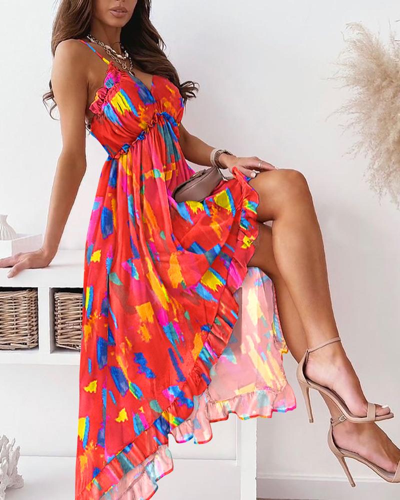 

Spaghetti Strap Ruffle Hem Tie Dye Print Dress, Multicolor