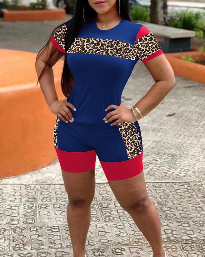 

Cheetah Print Colorblock & Pocket Design Shorts Set, Blue