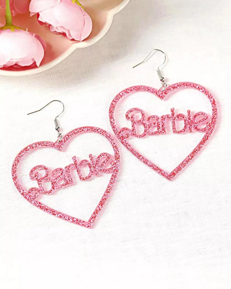 

1Pair Glitter Barbie Hollow Heart Hook Earrings, Pink