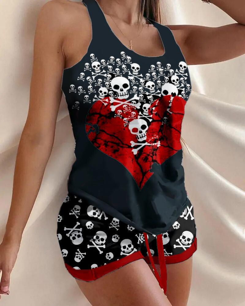 

Halloween Heart Skull Print Drawstring Pajamas Set, Red