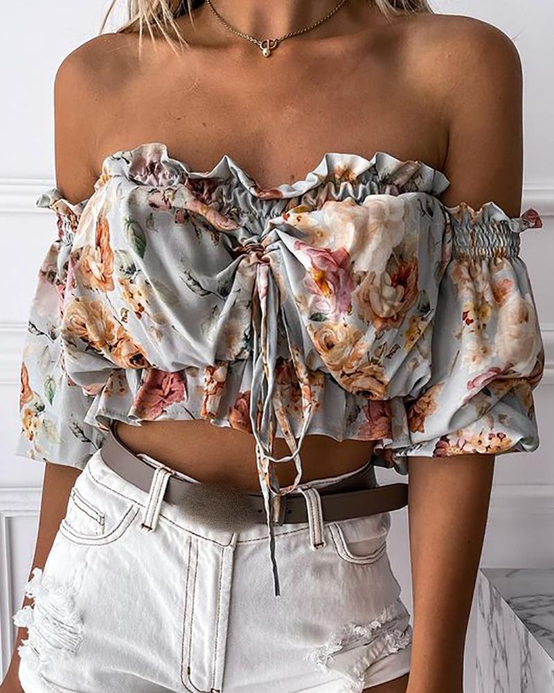 

Floral Print Drawstring Ruched Frill Hem Top, Light blue