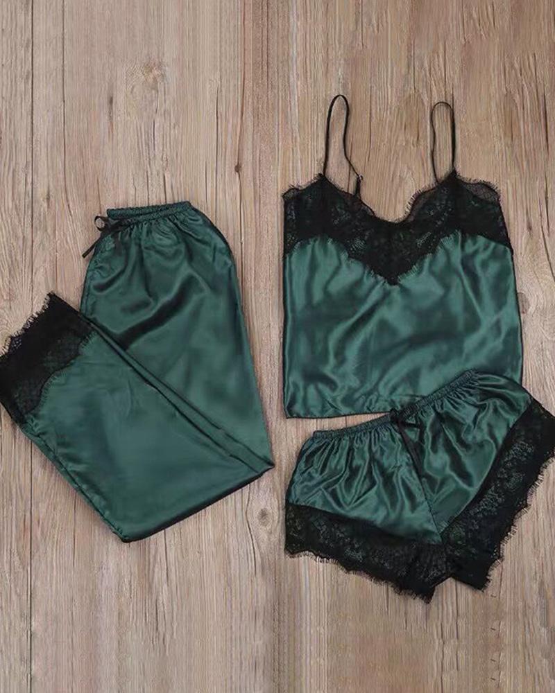 

3PCS Colorblock Lace Trim Satin Sleepwear Set, Green