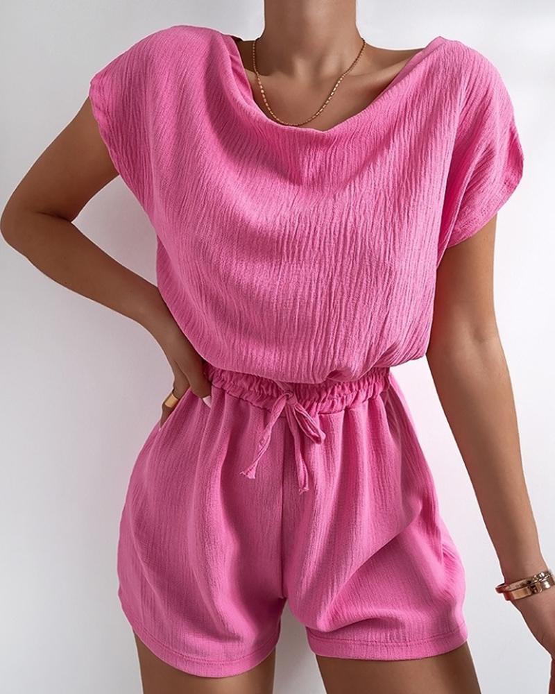 

Plain O Neck Lace Up Ruched Romper, Pink
