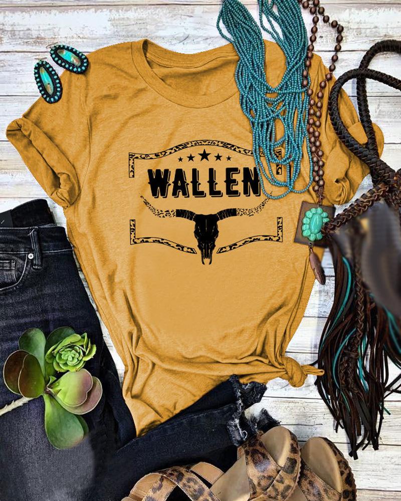 

Wallen Steer Skull Print T-shirt Western Country Music Graphic Tee, Yellow