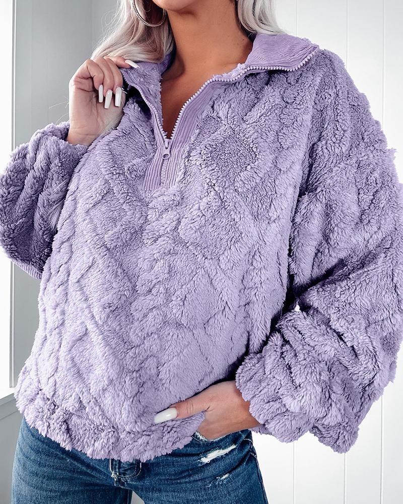 

Argyle Pattern Zipper Design Fuzzy Sweatshirt, Purple