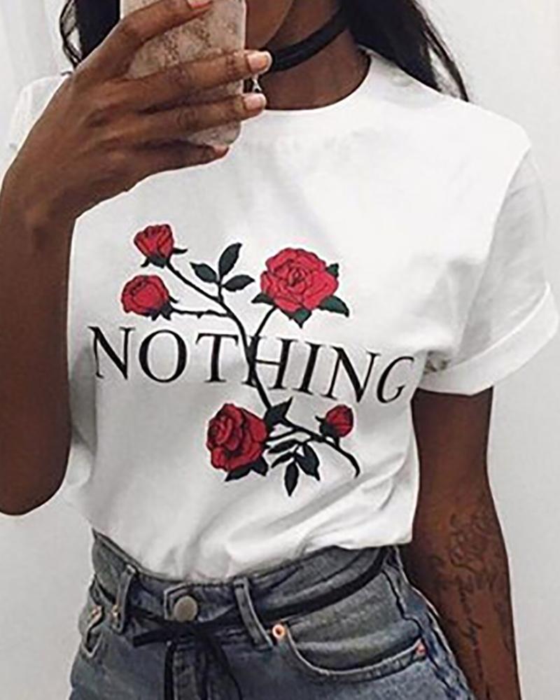 

Letter Floral Print Short Sleeve Casual T-shirt, White