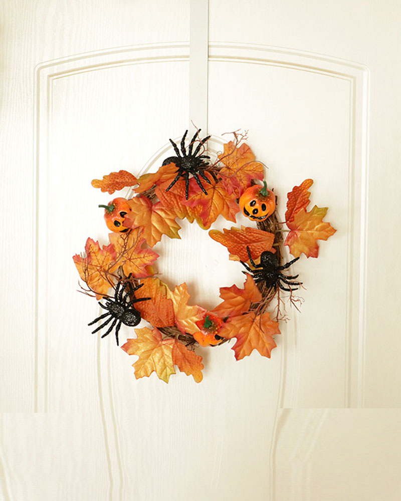 

Halloween Wreath With Maple Leaf & Pumpkin Garland Wreath Spider Decor For Halloween Home Party Decoration, Style1