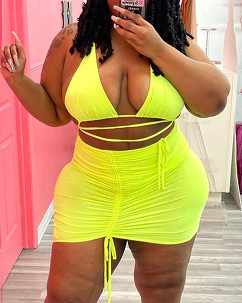 

Plus Size Halter Crop Top & Drawstring Ruched Skirt Set, Yellow