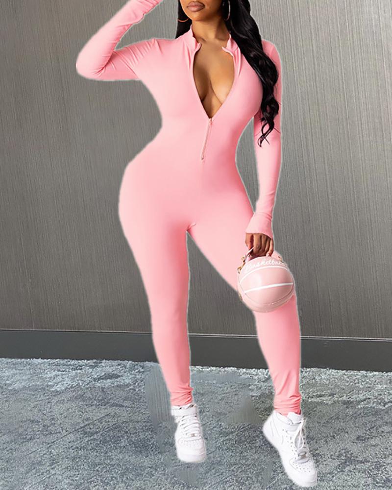 

Long Sleeve Zipper Design Skinny Jumpsuit, Pink