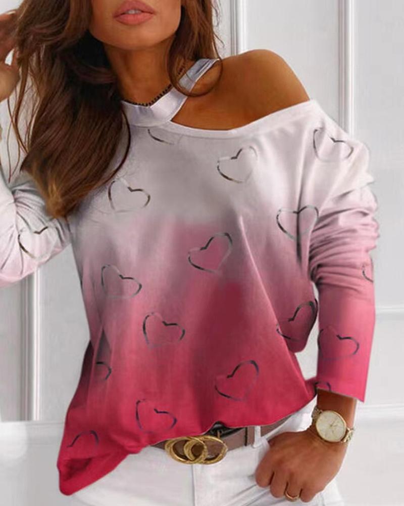

Gradient Heart Print Cold Shoulder Women Top, Pink