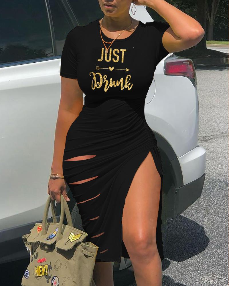 

Letter Print Drawstring Ladder Cutout Slit Dress, Black