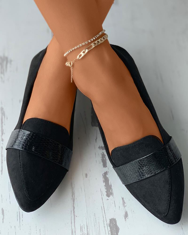 

Suede Croc Embossed Point Toe Slip On Flats, Black