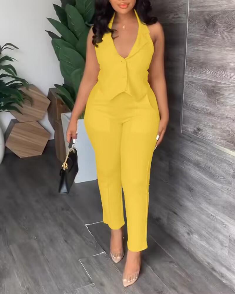 

Halter Sleeveless Vest Blazer Top & High Waist Pants Set, Yellow