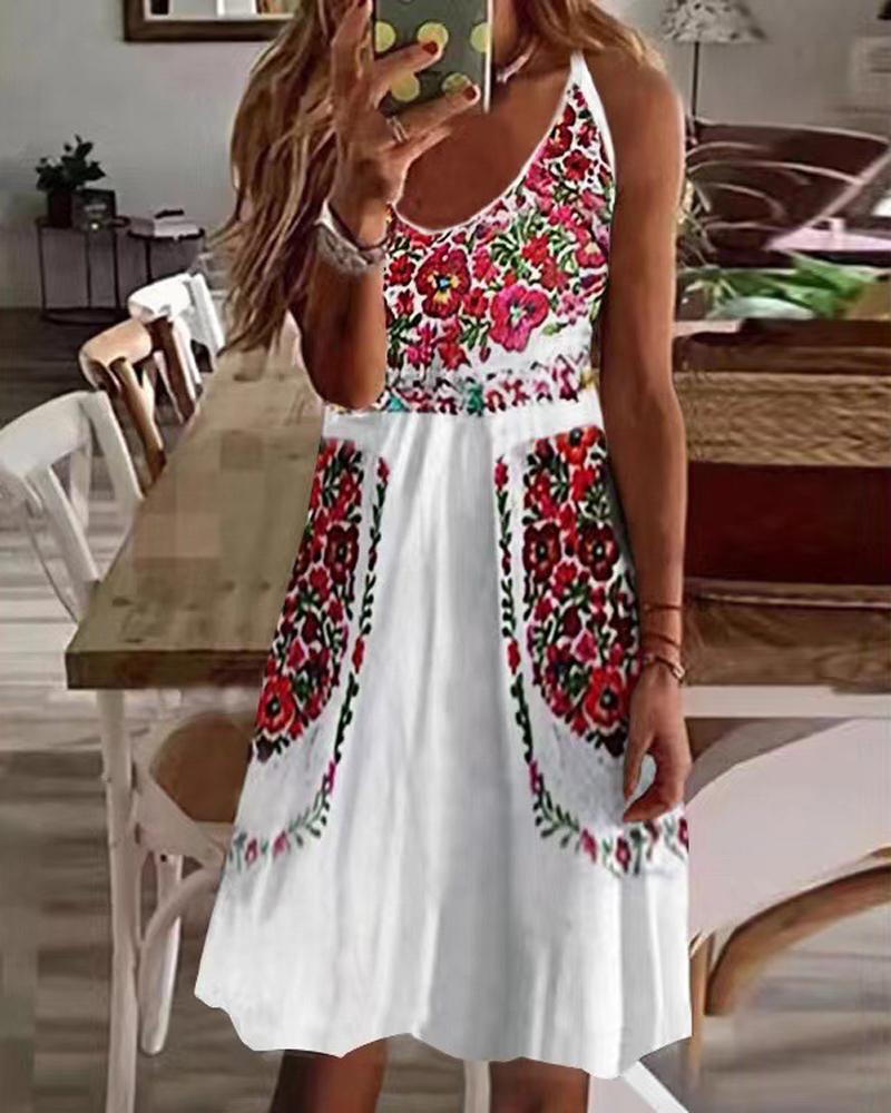 

Floral Print Spaghetti Strap Casual Dress, White
