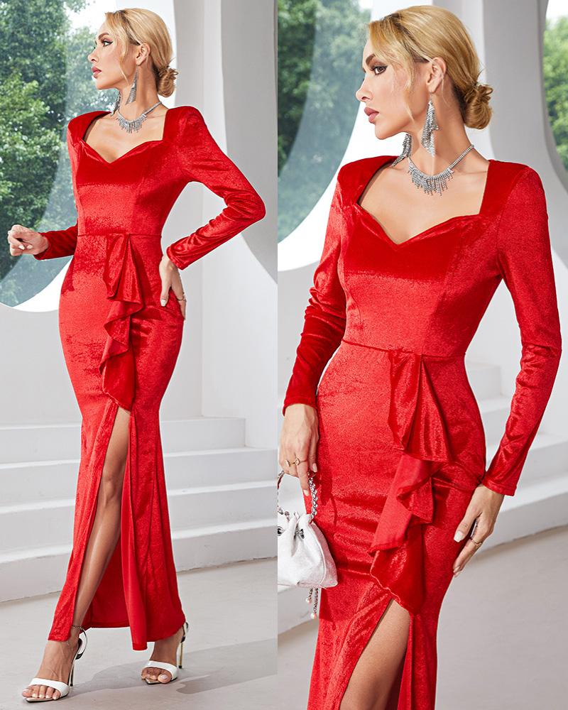 

Ruffle Hem High Slit Velvet Evening Dress, Red