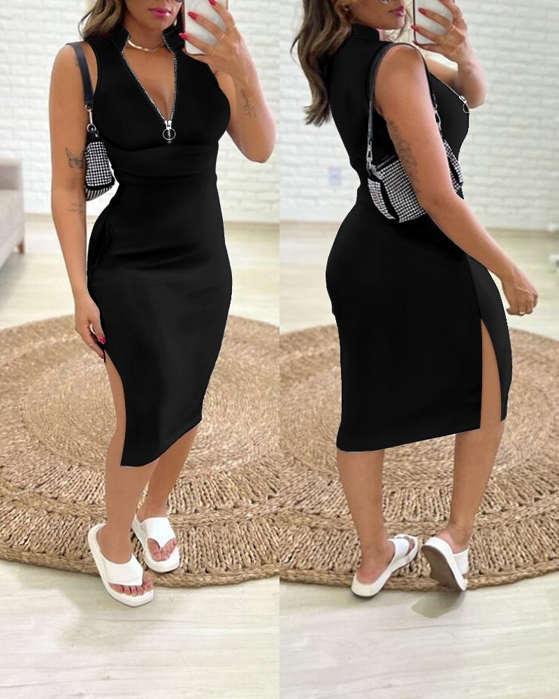 

Zipper Pocket Design Slit Bodycon Dress, Black