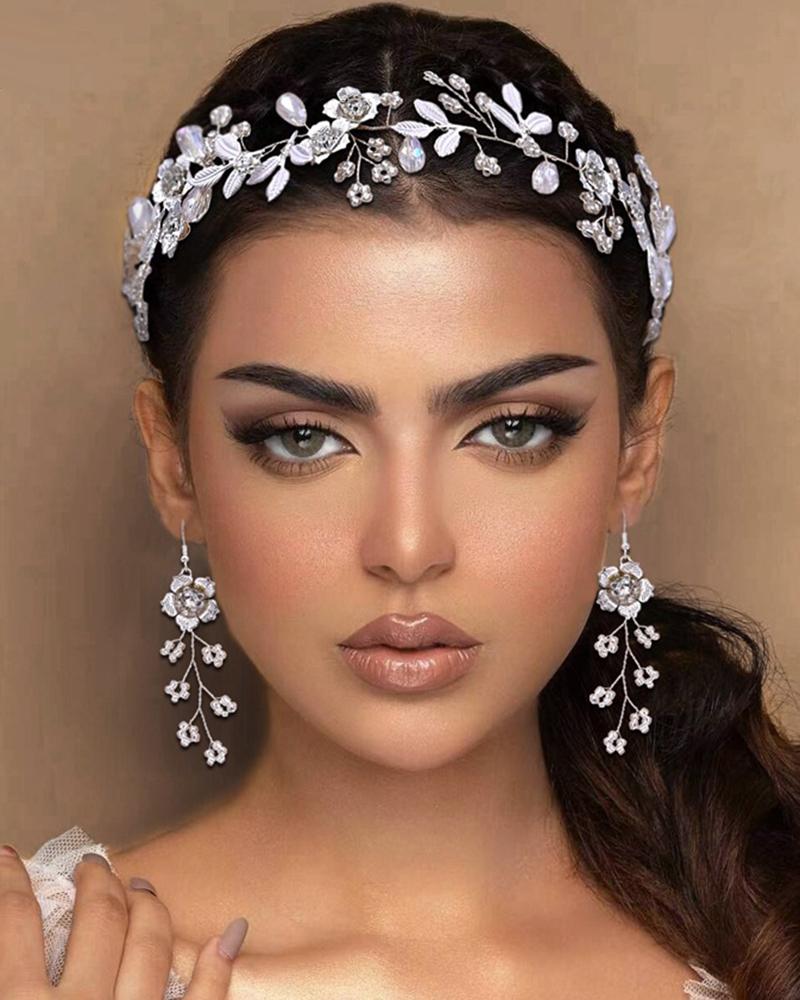

2PCS Floral Leaf Vine Headwear & Drop Dangle Earrings Wedding Bridal Jewelry Set, Silver