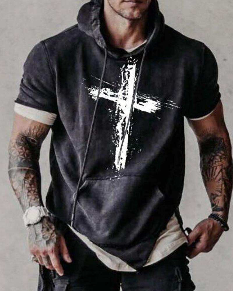

Cross Patterns Print Short Sleeve Loose Hooded Sweatshirts, Black