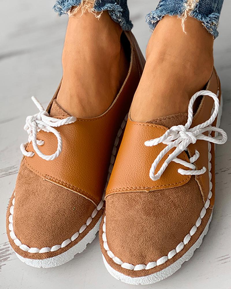 

Colorblock Lace-up Casual Slip-On Flats, Brown