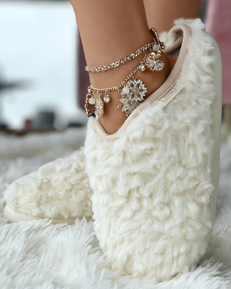 

Round Toe Fluffy Slippers, Beige