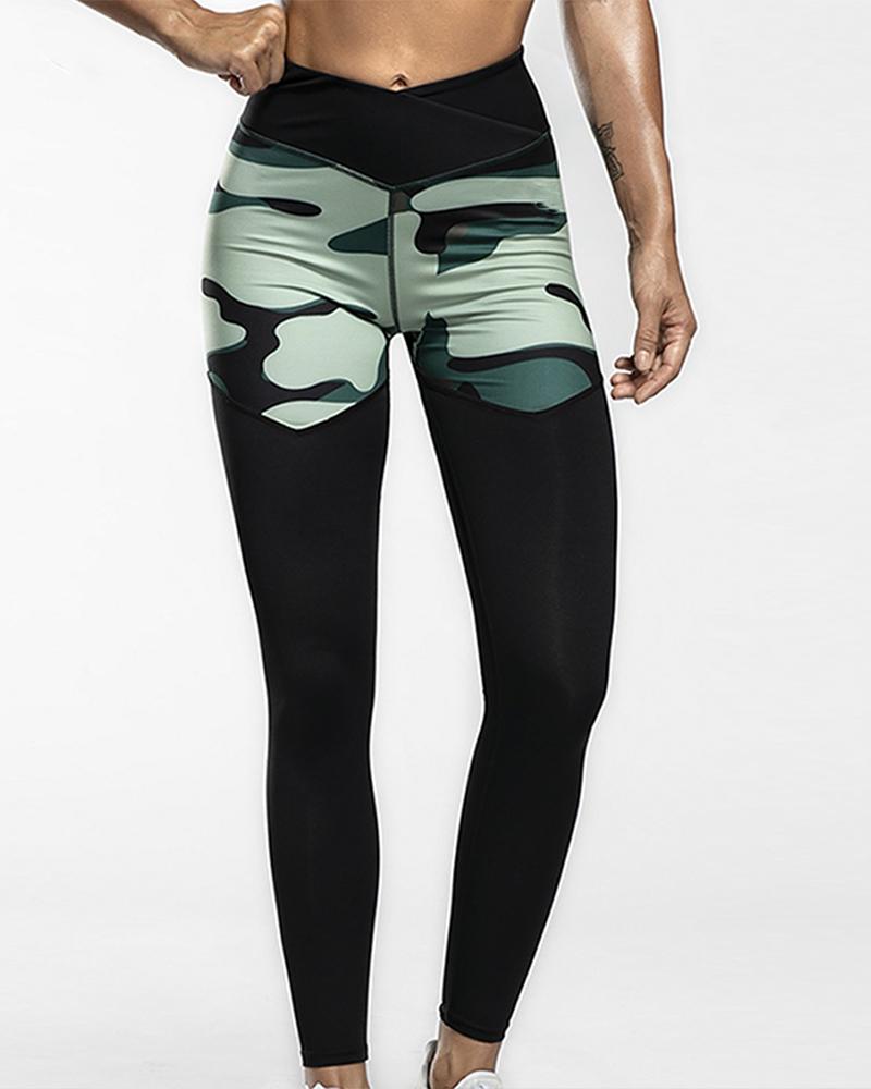 

Camouflage Print High Waist Skinny Leggings, Green