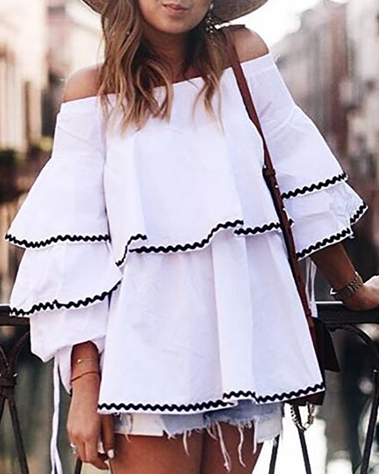 

Sexy Off Shoulder Layered Flared Blouse, White