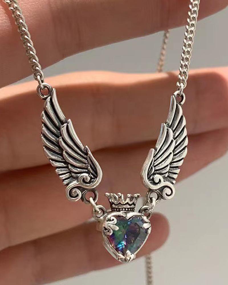 

1pc Vintage Crown Fly Heart Pendant Necklace, Silver