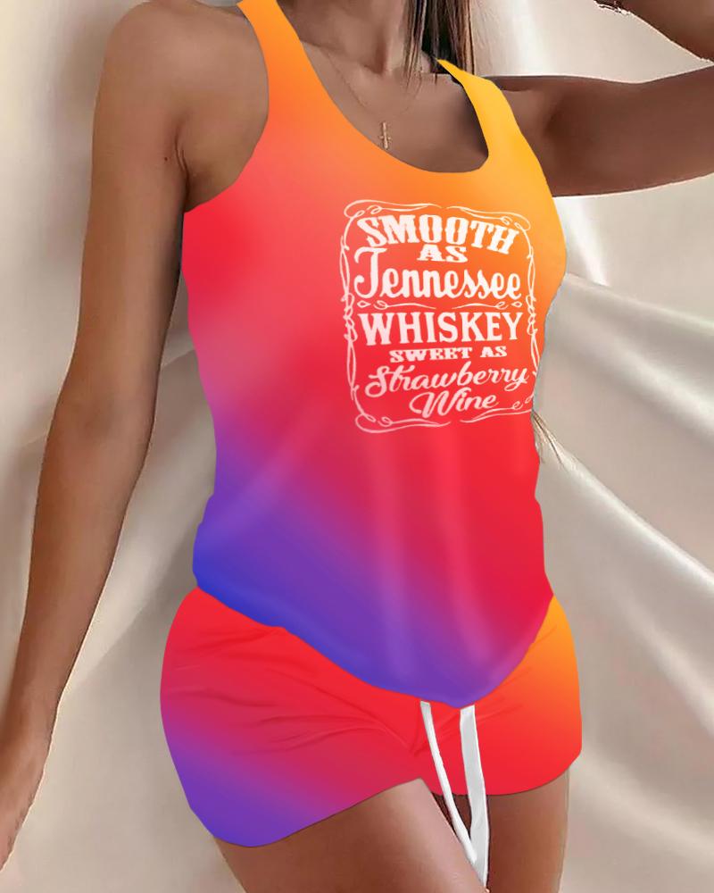 

Smooth As Tennessee Whiskey Sweet As Strawberry Wine Print Ombre Drawstring Pajamas Set, Multicolor