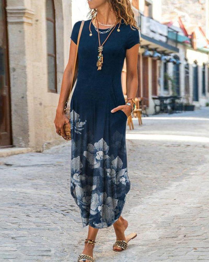 

Floral Print Pocket Detail Curved Hem Casual Dress, Blue