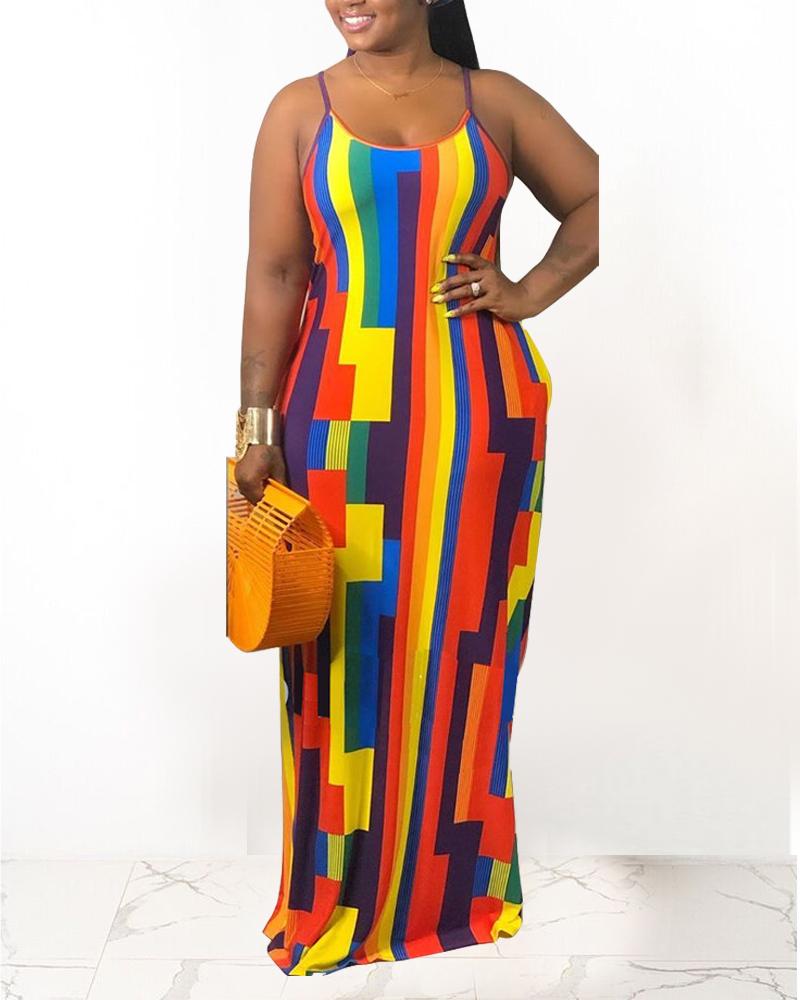 

Plus Size Colorblock Geo Print Belted Casual Dress, Multicolor