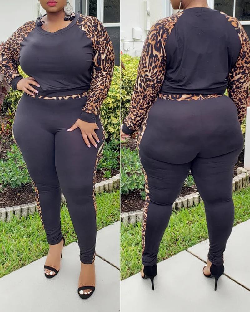 

Plus Size Contrast Leopard Long Sleeve Top & Pants Set, Black