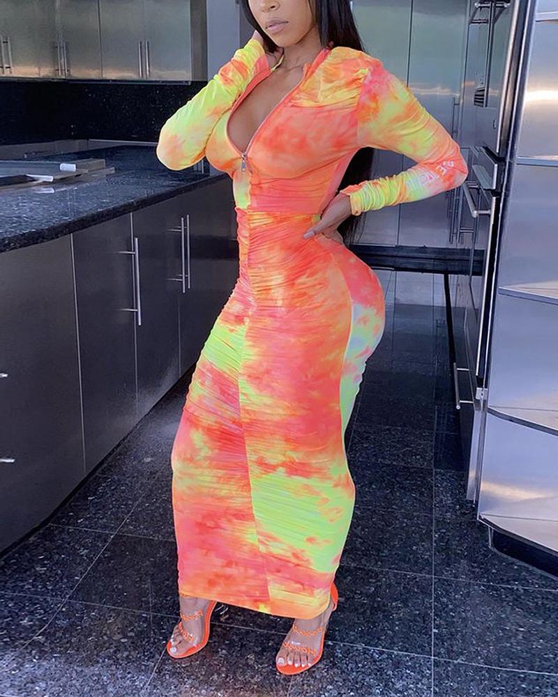 

Tie-dye Printing Long Sleeve Dress, Orange