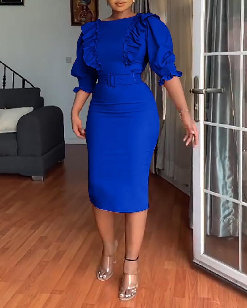 

Lantern Sleeve Ruffles Trim Work Dress, Blue
