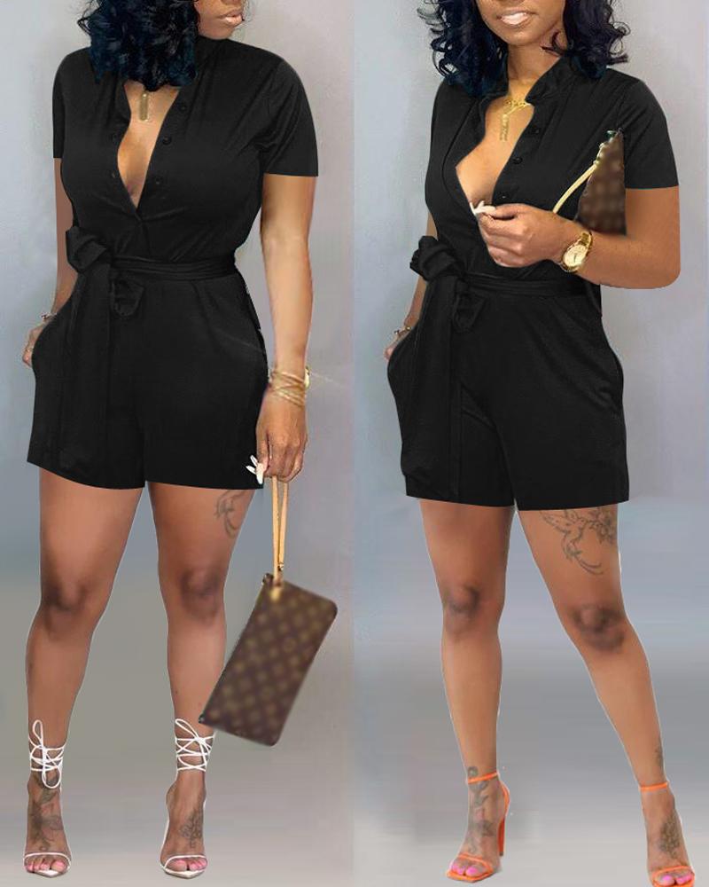 

Short Sleeve Button Front Belted Romper, Black
