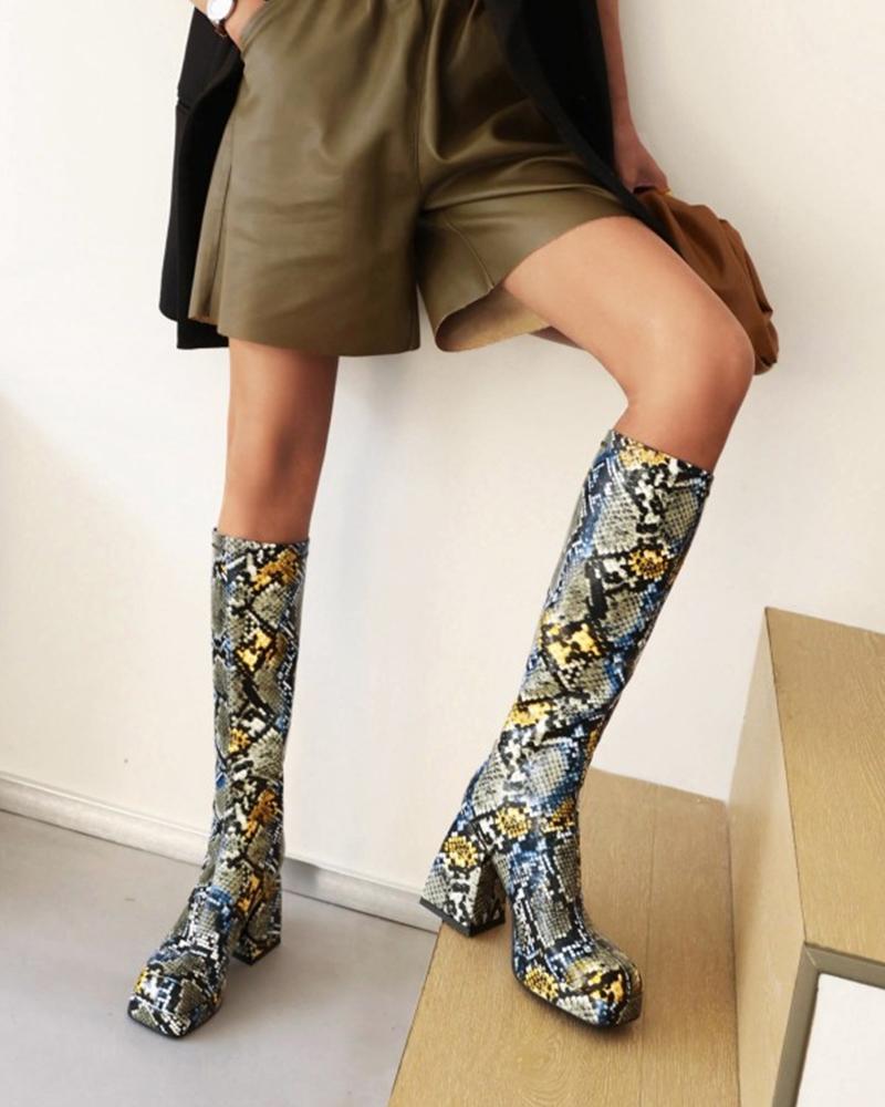 

Ladies Colorful Printed Square Toe Calf Length Boots, Snakeskin