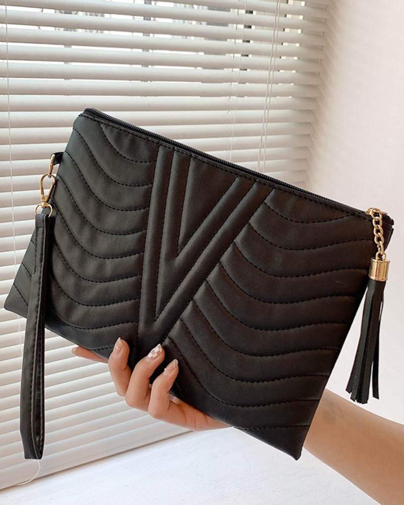 Quilted Zipper Tassel Detail Clutch Bag