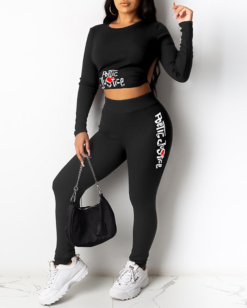 

Letter Print Backless Crop Top & High Waist Pants Set, Black