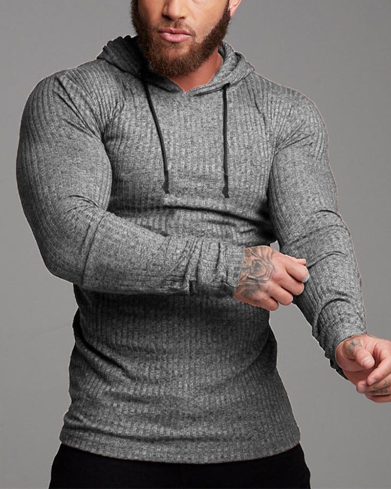 

Solid Color Ribbed Long Sleeve Hooded Knitted T-shirt, Gray