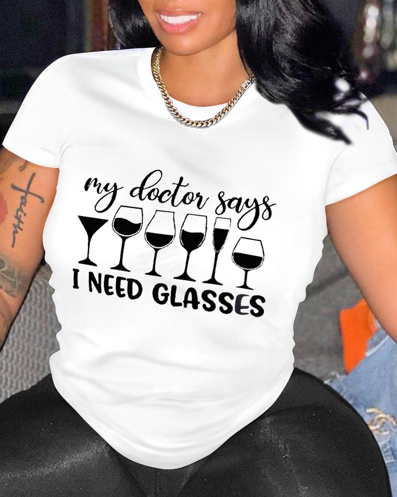 

Wine Glass Letter Print Casual T-shirt, White