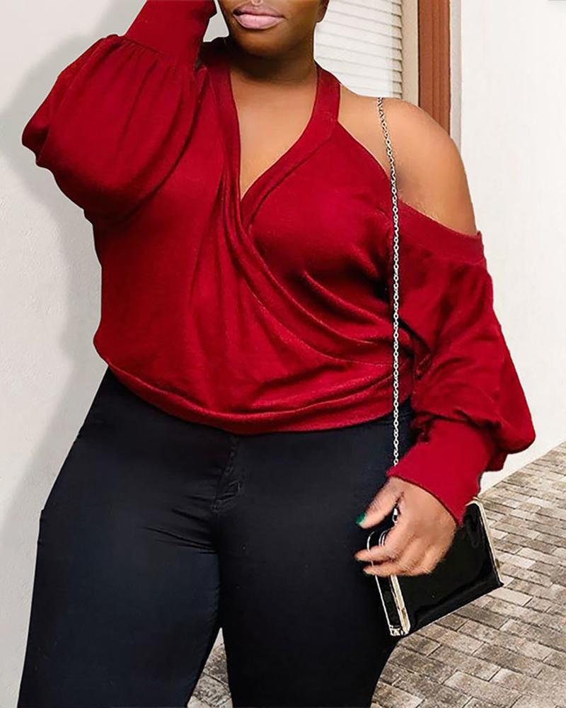 

Plus Size Cold Shoulder Lantern Sleeve Top, Red