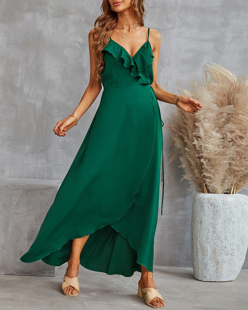 

Ruffles Spaghetti Strap Maxi Dress, Green