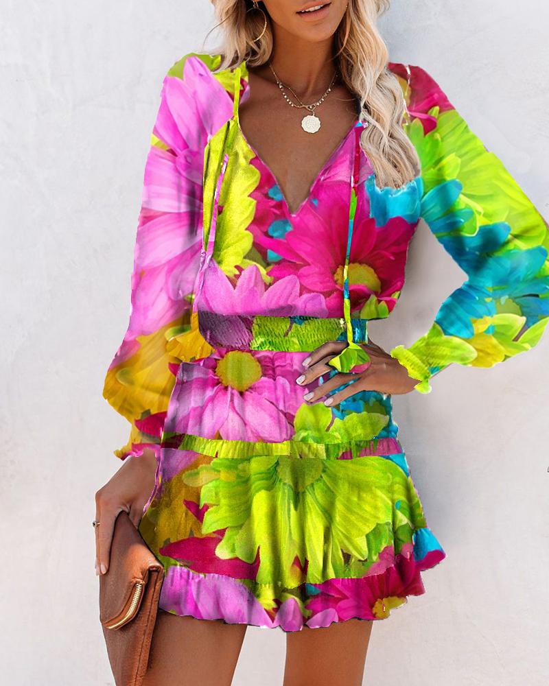 

Multicolor Floral Skinny Waist Long Sleeve Mini Dress