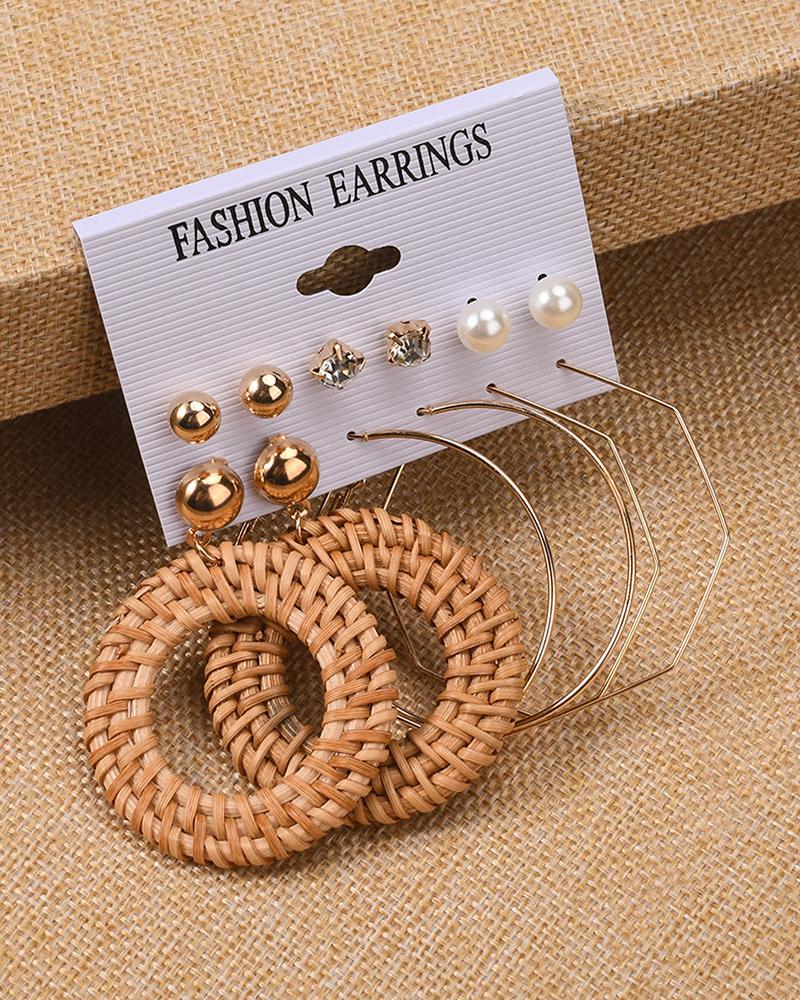 

3Pair Straw Geometric Hoop Drop Earrings Set, Khaki