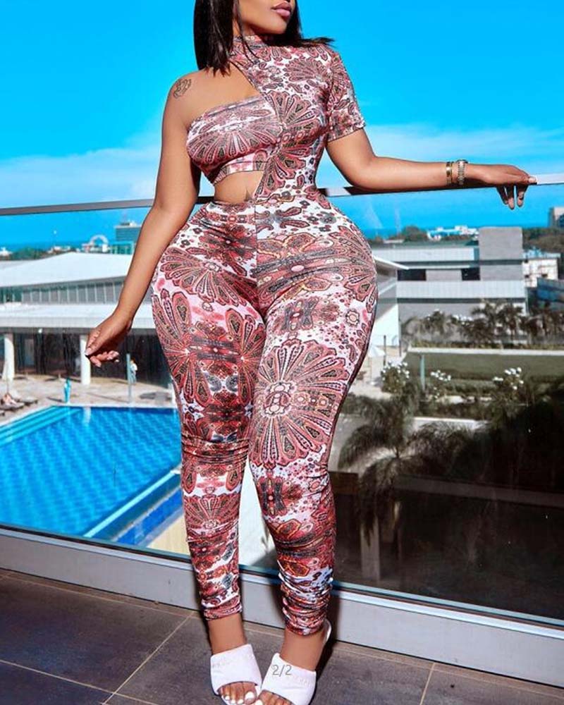 

Allover Print One Shoulder Cutout Jumpsuit With Crop Top, Red