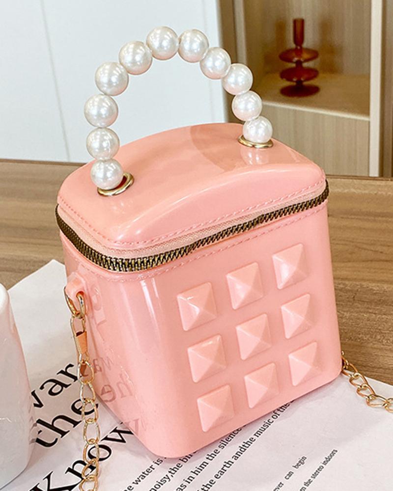 

Pearls Top Handle Square Bucket Handbag Crossbody Bag, Pink